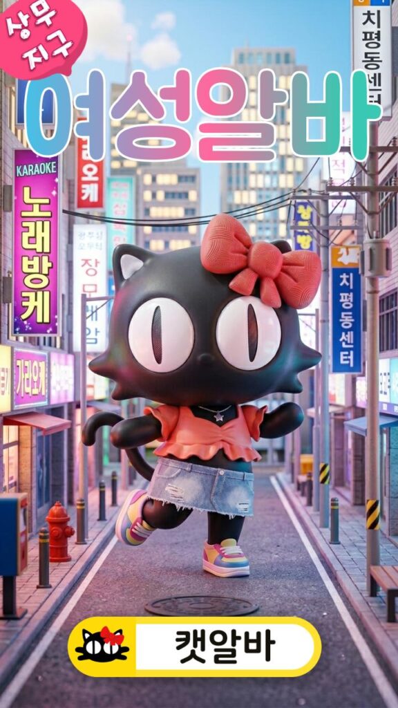 광주 상무지구 치평동 중심 상권 거래처 풍부한 프리미엄 가라오케 미니어처 배경 무대에서 파격적이고 여성스러운 힙 캐주얼 치마를 입고 춤추는 캣알바 캐릭터